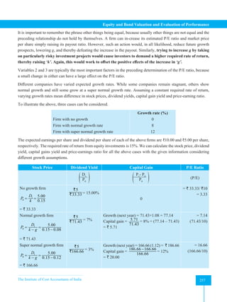 The Institute of Cost Accountants of India 257
Equity and Bond Valuation and Evaluation of Performance
It is important to remember the phrase other things being equal, because usually other things are not equal and the
preceding relationship do not hold by themselves. A firm can in-crease its estimated P/E ratio and market price
per share simply raising its payout ratio. However, such an action would, in all likelihood, reduce future growth
prospects, lowering g, and thereby defeating the increase in the payout. Similarly, trying to increase g by taking
on particularly risky investment projects would cause investors to demand a higher required rate of return,
thereby raising ‘k’. Again, this would work to offset the positive effects of the increase in ‘g’.
Variables 2 and 3 are typically the most important factors in the preceding determination of the P/E ratio, because
a small change in either can have a large effect on the P/E ratio.
Different companies have varied expected growth rates. While some companies remain stagnant, others show
normal growth and still some grow at a super normal growth rate. Assuming a constant required rate of return,
varying growth rates mean difference in stock prices, dividend yields, capital gain yield and price-earning ratio.
To illustrate the above, three cases can be considered.
Firm with no growth
Firm with normal growth rate
Firm with super normal growth rate
Growth rate (%)
0
8
12
The expected earnings per share and dividend per share of each of the above firms are ₹10.00 and ₹5.00 per share,
respectively. The required rate of return from equity investments is 15%. We can calculate the stock price, dividend
yield, capital gains yield and price-earnings ratio for all the above cases with the given information considering
different growth assumptions.
Stock Price Dividend Yield Capital Gain P/E Ratio
D1
P0
)
( P1
- P0
P0
)
( (P/E)
No growth firm
1
0
5.00
0.15
D
P
k
= =
= ` 33.33
5
33.33
`
` = 15.00%
0
= ` 33.33/ `10
= 3.33
Normal growth firm
1
0
5.00
0.15 0.08
D
P
k g
= =
− −
= ` 71.43
5
71.43
`
` = 7%
Growth (next year) = 71.43×1.08 = 77.14
Capital gain = 5.71
71.43
= 8% = (77.14 – 71.43)
= ` 5.71
= 7.14
(71.43/10)
Super normal growth firm
1
0
5.00
0.15 0.12
D
P
k g
= =
− −
= ` 166.66
5
166.66
`
` = 3%
Growth (next year) = 166.66 (1.12) = ` 186.66
Capital gain =
186.66 166.66
166.66
−
= 12%
= ` 20.00
= 16.66
(166.66/10)
 