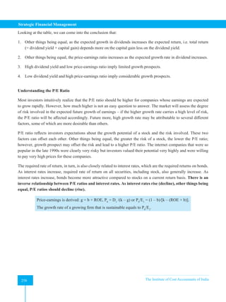 Strategic Financial Management
258 The Institute of Cost Accountants of India
258
Looking at the table, we can come into the conclusion that:
1. Other things being equal, as the expected growth in dividends increases the expected return, i.e. total return
(= dividend yield + capital gain) depends more on the capital gain less on the dividend yield.
2. Other things being equal, the price-earnings ratio increases as the expected growth rate in dividend increases.
3. High dividend yield and low price-earnings ratio imply limited growth prospects.
4. Low dividend yield and high price-earnings ratio imply considerable growth prospects.
Understanding the P/E Ratio
Most investors intuitively realize that the P/E ratio should be higher for companies whose earnings are expected
to grow rapidly. However, how much higher is not an easy question to answer. The market will assess the degree
of risk involved in the expected future growth of earnings – if the higher growth rate carries a high level of risk,
the P/E ratio will be affected accordingly. Future more, high growth rate may be attributable to several different
factors, some of which are more desirable than others.
P/E ratio reflects investors expectations about the growth potential of a stock and the risk involved. These two
factors can offset each other. Other things being equal, the greater the risk of a stock, the lower the P/E ratio;
however, growth prospect may offset the risk and lead to a higher P/E ratio. The internet companies that were so
popular in the late 1990s were clearly very risky but investors valued their potential very highly and were willing
to pay very high prices for these companies.
The required rate of return, in turn, is also closely related to interest rates, which are the required returns on bonds.
As interest rates increase, required rate of return on all securities, including stock, also generally increase. As
interest rates increase, bonds become more attractive compared to stocks on a current return basis. There is an
inverse relationship between P/E ratios and interest rates. As interest rates rise (decline), other things being
equal, P/E ratios should decline (rise).
Price-earnings is derived: g = b × ROE, P0
= D1
/(k – g) or P0
/E1
= (1 – b)/[k – (ROE × b)].
The growth rate of a growing firm that is sustainable equals to P0
/E1
.
 