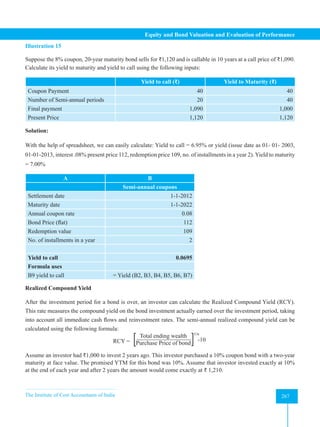 The Institute of Cost Accountants of India 267
Equity and Bond Valuation and Evaluation of Performance
Illustration 15
Suppose the 8% coupon, 20-year maturity bond sells for ₹1,120 and is callable in 10 years at a call price of ₹1,090.
Calculate its yield to maturity and yield to call using the following inputs:
Yield to call (₹) Yield to Maturity (₹)
Coupon Payment 40 40
Number of Semi-annual periods 20 40
Final payment 1,090 1,000
Present Price 1,120 1,120
Solution:
With the help of spreadsheet, we can easily calculate: Yield to call = 6.95% or yield (issue date as 01- 01- 2003,
01-01-2013, interest .08% present price 112, redemption price 109, no. of installments in a year 2). Yield to maturity
= 7.00%
A B
Semi-annual coupons
Settlement date 1-1-2012
Maturity date 1-1-2022
Annual coupon rate 0.08
Bond Price (flat) 112
Redemption value 109
No. of installments in a year 2
Yield to call 0.0695
Formula uses
B9 yield to call = Yield (B2, B3, B4, B5, B6, B7)
Realized Compound Yield
After the investment period for a bond is over, an investor can calculate the Realized Compound Yield (RCY).
This rate measures the compound yield on the bond investment actually earned over the investment period, taking
into account all immediate cash flows and reinvestment rates. The semi-annual realized compound yield can be
calculated using the following formula:
RCY =
Total ending wealth
Purchase Price of bond
[ ]
1/n
-10
Assume an investor had ₹1,000 to invest 2 years ago. This investor purchased a 10% coupon bond with a two-year
maturity at face value. The promised YTM for this bond was 10%. Assume that investor invested exactly at 10%
at the end of each year and after 2 years the amount would come exactly at ₹ 1,210.
 