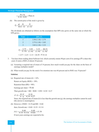 Strategic Financial Management
270 The Institute of Cost Accountants of India
270
		
5.76
44.31
0.16 0.03
= =
−
`
`
(b) The current price of the stock is given by
		
3
3
1
3
0
1 (1 ) (1 )
t
t
P
D
P
k k
=
= +
− +
∑ t
The dividends are obtained as follows on the assumption that DPS also grows at the same rate at which the
EPS grows.
Year DPS (`)
1 2.50 (1.10) = 2.75
2 2.75 (1.10) = 3.03
3 3.03 (1.10) = 3.33
2 3 3
0
2.75 3.03 3.33 44.31
(1.16) (1.16) (1.16) (1.16)
P = + + +
= 2.37 + 2.25 + 2.13 + 28.39 = ` 35.14
3. You have been reading about Software Ltd. which currently retains 90 per cent of its earnings (`5 a share this
year). It earns a ROE of almost 30 percent.
(a) Assuming a required rate of return of 14 percent, how much would you pay for the share on the basis of
earnings multiplier model?
(b) What would you pay for the stock if its retention rate was 60 percent and its ROE was 19 percent?
Solution:
(a) Required rate of return (k) = 14%
Return on Equity (ROE) = 30%
Retention Rate (RR) = 90%
Earnings per share = `5.00
Then growth rate = RR × ROE = 0.90 × 0.30 = 0.27
/ 0.10
/
0.14 0.27
D E
P E
k g
= =
− −
Since, the required rate of return (k) is less than the growth rate (g), the earnings multiplier cannot be used
(the answer is meaningless).
(b) However, if ROE = 0.19 and RR = 0.60
then, Growth rate = 0.60 × 0.19 = 0.114
P/E
0.40 0.40
/ 15.38
0.14 0.114 0.026
P F
= = =
−
If next years earnings are expected to be:
 