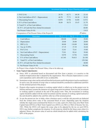 The Institute of Cost Accountants of India 17
Investment Decisions, Project Planning and Control
5. PAT (3-4) 29.70 62.71 69.30 23.10
6. Net Cash Inflows (PAT + Depreciation) 44.70 77.71 84.30 38.10
7. Discounting Factor 0.870 0.756 0.658 0.572
8. P.V of Net Cash Inflows 38.89 58.75 55.47 21.79
9. Total P.V. of Net Cash Inflows 174.9
10. P.V. of Cash Out Flow (Initial Investment) 60.00
Net Present Value (9-10) 114.9
Computation of Net Present Value of the Project B     (` lakhs)
Particulars Yr. 1 Yr. 2 Yr. 3
1. Cash Inflows 100.00 130.00 50.00
2. Depreciation 20.00 20.00 20.00
3. PBT (1-2) 80.00 110.00 30.00
4. Tax @ 33.99% 27.19 37.39 10.20
5. PAT (3-4) 52.81 72.61 19.80
6. Net Cash Inflows (PAT + Depreciation) 72.81 92.61 39.80
7. Discounting Factor 0.870 0.756 0.658
8. P.V of Net Cash Inflows 63.345 70.013 26.188
9. Total P.V. of Net Cash Inflows 159.546
10. P.V. of Cash Out Flow (Initial Investment) 60.00
11. Net Present Value (9-10) 99.546
As Project A has a higher Net Present Value, it has to be taken up.
 Some Typical Adjustments:
a) Since, NPV is calculated based on discounted cash flow from a project, it is sensitive to the
method of depreciation that is adopted by the organisation. This is because depreciation is a non-
cash expenditure and is allowable in tax as deductible.
b) Sometimesscrapvaluecanberealizedfromthefixedassetsusedintheprojects(suchasmachinery).
In such a case, the amount of scrap value so realized should be considered as additional cash flow
for the terminal period of the project.
c) Projects often require investment in working capital which is rolled over in the project over its
lifetime and hence assume the character of a quasi-long-term investment. However, the investment
in working capital is realized at the end of the project term. Thus, the investment in working
capital should be added with the initial investment and the amount of working capital realized at
the end should be added to the cash flow after tax of the terminal period.
d) As per the present tax law in India, when a business asset is sold the sale proceeds are deducted
from the written down value of the concerned block of asset. Depending upon the situation
whether the single asset constituted the block or it is only a part of it, there may arise Short Term
Capital Gain (STCG) or Short Term Capital Loss (STCL) u/s 50(1) or 50(2) of Income Tax Act,
1961. While the STCG will require the scrap value to be adjusted by the tax on such STCG,
STCL may further complicate the situation. It will create tax shield for the future years when it is
adjusted. Hence, the present value of such tax shield should also be added while calculating the
NPV of the project.
 