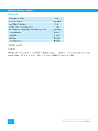 Strategic Financial Management
316 The Institute of Cost Accountants of India
316
Illustration 4
Name of the Scheme ABC
Size of the Scheme `100 lakhs
Face Value of the Share `10
Number of the outstanding shares 10 lakhs
Market value of the fund’s investments Receivables `180 lakhs
Accrued Income `1 lakh
Receivables `1 lakh
Liabilities `50,000
Accrued expenses `50,000
Find NAV per unit?
Solution:
NAV per unit = (Investment + Recoverable + Accrued Income – Liabilities – Accrued expenses)/No of units
(mutual fund) = (180 lakhs + 1 lakh + 1 lakh – 0.50 lakh – 0.50 lakh)/10 lakhs = 18.1 lakhs.
 
