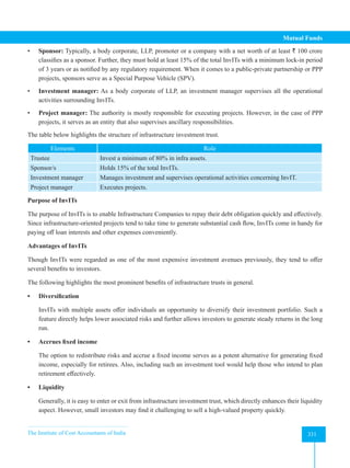 The Institute of Cost Accountants of India 331
Mutual Funds
• Sponsor: Typically, a body corporate, LLP, promoter or a company with a net worth of at least ` 100 crore
classifies as a sponsor. Further, they must hold at least 15% of the total InvITs with a minimum lock-in period
of 3 years or as notified by any regulatory requirement. When it comes to a public-private partnership or PPP
projects, sponsors serve as a Special Purpose Vehicle (SPV).
• Investment manager: As a body corporate of LLP, an investment manager supervises all the operational
activities surrounding InvITs.
• Project manager: The authority is mostly responsible for executing projects. However, in the case of PPP
projects, it serves as an entity that also supervises ancillary responsibilities.
The table below highlights the structure of infrastructure investment trust.
Elements Role
Trustee Invest a minimum of 80% in infra assets.
Sponsor/s Holds 15% of the total InvITs.
Investment manager Manages investment and supervises operational activities concerning InvIT.
Project manager Executes projects.
Purpose of InvITs
The purpose of InvITs is to enable Infrastructure Companies to repay their debt obligation quickly and effectively.
Since infrastructure-oriented projects tend to take time to generate substantial cash flow, InvITs come in handy for
paying off loan interests and other expenses conveniently.
Advantages of InvITs
Though InvITs were regarded as one of the most expensive investment avenues previously, they tend to offer
several benefits to investors.
The following highlights the most prominent benefits of infrastructure trusts in general.
• Diversification
InvITs with multiple assets offer individuals an opportunity to diversify their investment portfolio. Such a
feature directly helps lower associated risks and further allows investors to generate steady returns in the long
run.
• Accrues fixed income
The option to redistribute risks and accrue a fixed income serves as a potent alternative for generating fixed
income, especially for retirees. Also, including such an investment tool would help those who intend to plan
retirement effectively.
• Liquidity
Generally, it is easy to enter or exit from infrastructure investment trust, which directly enhances their liquidity
aspect. However, small investors may find it challenging to sell a high-valued property quickly.
 