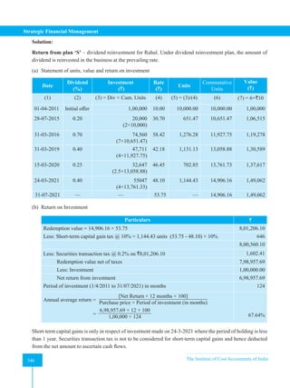 Strategic Financial Management
346 The Institute of Cost Accountants of India
346
Solution:
Return from plan ‘S’ – dividend reinvestment for Rahul. Under dividend reinvestment plan, the amount of
dividend is reinvested in the business at the prevailing rate.
(a) Statement of units, value and return on investment
Date
Dividend
(%)
Investment
(`)
Rate
(`)
Units
Commutative
Units
Value
(`)
(1) (2) (3) = Div × Cum. Units (4) (5) = (3)/(4) (6) (7) = 6×`10
01-04-2011 Initial offer 1,00,000 10.00 10,000.00 10,000.00 1,00,000
28-07-2015 0.20 20,000
(2×10,000)
30.70 651.47 10,651.47 1,06,515
31-03-2016 0.70 74,560
(7×10,651.47)
58.42 1,276.28 11,927.75 1,19,278
31-03-2019 0.40 47,711
(4×11,927.75)
42.18 1,131.13 13,058.88 1,30,589
15-03-2020 0.25 32,647
(2.5×13,058.88)
46.45 702.85 13,761.73 1,37,617
24-03-2021 0.40 55047
(4×13,761.33)
48.10 1,144.43 14,906.16 1,49,062
31-07-2021 — — 53.75 — 14,906.16 1,49,062
(b) Return on Investment
Particulars `
Redemption value = 14,906.16 × 53.75 8,01,206.10
Less: Short-term capital gain tax @ 10% = 1,144.43 units (53.75 - 48.10) × 10% 646
8,00,560.10
Less: Securities transaction tax @ 0.2% on `8,01,206.10 1,602.41
Redemption value net of taxes 7,98,957.69
Less: Investment 1,00,000.00
Net return from investment 6,98,957.69
Period of investment (1/4/2011 to 31/07/2021) in months 124
Annual average return =
[Net Return × 12 months × 100]
Purchase price × Period of investment (in months)
=
6,98,957.69 × 12 × 100
1,00,000 × 124 67.64%
Short-term capital gains is only in respect of investment made on 24-3-2021 where the period of holding is less
than 1 year. Securities transaction tax is not to be considered for short-term capital gains and hence deducted
from the net amount to ascertain cash flows.
 