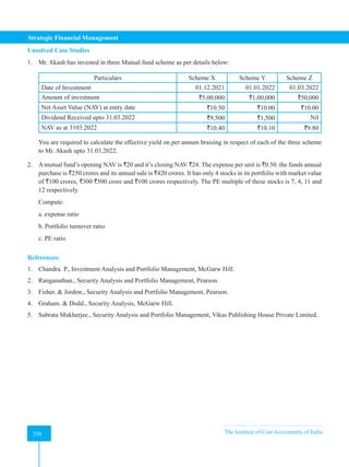Strategic Financial Management
358 The Institute of Cost Accountants of India
358
Unsolved Case Studies
1. Mr. Akash has invested in three Mutual fund scheme as per details below:
Particulars Scheme X Scheme Y Scheme Z
Date of Investment 01.12.2021 01.01.2022 01.03.2022
Amount of investment `5,00,000 `1,00,000 `50,000
Net Asset Value (NAV) at entry date `10.50 `10.00 `10.00
Dividend Received upto 31.03.2022 `9,500 `1,500 Nil
NAV as at 3103.2022 `10.40 `10.10 `9.80
You are required to calculate the effective yield on per annum braising in respect of each of the three scheme
to Mr. Akash upto 31.03.2022.
2. A mutual fund’s opening NAV is `20 and it’s closing NAV `24. The expense per unit is `0.50. the funds annual
purchase is `250 crores and its annual sale is `420 crores. It has only 4 stocks in its portfolio with market value
of `100 crores, `300 `500 crore and `100 crores respectively. The PE multiple of these stocks is 7, 4, 11 and
12 respectively.
Compute:
a. expense ratio
b. Portfolio turnover ratio
c. PE ratio
References:
1. Chandra. P., Investment Analysis and Portfolio Management, McGarw Hill.
2. Ranganathan., Security Analysis and Portfolio Management, Pearson.
3. Fisher.  Jordon., Security Analysis and Portfolio Management, Pearson.
4. Graham.  Dodd., Security Analysis, McGarw Hill.
5. Subrata Mukherjee., Security Analysis and Portfolio Management, Vikas Publishing House Private Limited.
 