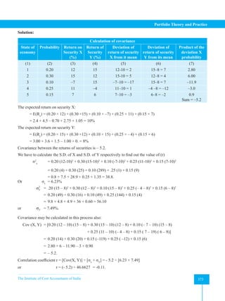 The Institute of Cost Accountants of India 373
Portfolio Theory and Practice
Solution:
Calculation of covariance
State of
economy
Probability Return on
Security X
(%)
Return of
Security
Y (%)
Deviation of
return of security
X from it mean
Deviation of
return of security
Y from its mean
Product of the
deviation X
probability
(1) (2) (3) (4) (5) (6) (7)
1 0.20 12 15 12-10 = 2 15–8 = 7 2.80
2 0.30 15 12 15-10 = 5 12–8 = 4 6.00
3 0.10 –7 15 –7–10 = –17 15–8 = 7 –11.9
4 0.25 11 –4 11–10 = 1 –4 –8 = –12 –3.0
5 0.15 7 6 7–10 = –3 6–8 = –2 0.9
Sum = –5.2
The expected return on security X:
= E(Rx
) = (0.20 × 12) + (0.30 ×15) + (0.10 × –7) + (0.25 × 11) + (0.15 × 7)
= 2.4 + 4.5 – 0.70 + 2.75 + 1.05 = 10%
The expected return on security Y:
= E(Ry
) = (0.20 × 15) + (0.30 ×12) + (0.10 × 15) + (0.25 × –4) + (0.15 × 6)
= 3.00 + 3.6 + 1.5 – 1.00 + 0. = 8%
Covariance between the returns of securities is – 5.2.
We have to calculate the S.D. of X and S.D. of Y respectively to find out the value of (r)
σ2
x
= 0.20 (12-10)2
+ 0.30 (15-10)2
+ 0.10 (-7-10)2
+ 0.25 (11-10)2
+ 0.15 (7-10)2
			 = 0.20 (4) + 0.30 (25) + 0.10 (289) + .25 (1) + 0.15 (9)
			 = 0.8 + 7.5 + 28.9 + 0.25 + 1.35 = 38.8.
Or                   σx
= 6.23%
2
Y
σ = .20 (15 – 8)2
+ 0.30 (12 – 8)2
+ 0.10 (15 – 8)2
+ 0.25 (– 4 – 8)2
+ 0.15 (6 – 8)2
		 = 0.20 (49) + 0.30 (16) + 0.10 (49) + 0.25 (144) + 0.15 (4)
		 = 9.8 + 4.8 + 4.9 + 36 + 0.60 = 56.10
or Y
σ = 7.49%.
Covariance may be calculated in this process also:
Cov (X, Y) = [0.20 (12 – 10) (15 – 8) + 0.30 (15 – 10) (12 – 8) + 0.10 (– 7 – 10) (15 – 8)
			 + 0.25 (11 – 10) (– 4 – 8) + 0.15 ( 7 – 19) ( 6 – 8)]
		 = 0.20 (14) + 0.30 (20) + 0.15 (–119) + 0.25 ( –12) + 0.15 (6)
		 = 2.80 + 6 – 11.90 – 3 + 0.90
		 = – 5.2.
Correlation coefficient r = [Cov(X, Y)] ÷ [σx
× σY
] = - 5.2 ÷ [6.23 × 7.49]
or		 r = (- 5.2) ÷ 46.6627 = -0.11.
 