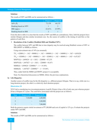 Strategic Financial Management
28 The Institute of Cost Accountants of India
Solution:
The results of NPV and IRR can be summarized as follows –
Project I Project II
NPV (`) 73,158 64,135
Ranking based on NPV 1 2
IRR (appx.) 22.61% 25.99%
Ranking based on IRR 2 1
From the above table it is clear that the results of NPV and IRR are contradictory. Here, both the projects have
similar lifespan and also similar investment size. So, the source of conflict is the timing of cash flow or the
pattern of cash flow.
 Resolution of the Conflict (Modified IRR and Modified NPV)
The conflict between NPV and IRR due to time disparity may be resolved using Modified version of NPV or
IRR (MNPV or MIRR) as follows.
Using reinvestment rate of 14% (as assumed),
TVI
= 62000 (1 + .14)3
+ 80000 (1 + .14)2
+ 100000 (1 + .14)1
+ 140000 (1 + .14)0
= 4,49,824
TVII
= 142000 (1 + .14)3
+ 80000 (1 + .14)2
+ 82000 (1 + .14)1
+ 40000 (1 + .14)0
= 4,47,827
MNPV(I) = {449824 ÷ (1 +.10)4
} – 220000 = 87,235
MNPV(II) = {447827 ÷ (1 +.10)4
} – 220000 = 85,871
MIRR(I) = (449824 ÷220000)1/4
– 1 = 19.58%
MIRR(II)   = (447827 ÷220000)1/4
– 1 = 19.44%
Thus, under both the MIRR and MNPV, project I is acceptable.
Note: For theoretical discussion on MIRR, follow the previous explanations.
b) Life Disparity:
Another source of conflict may be the life disparity i.e., different project lifespan. That is to say, while one is a
long duration project, the other is a relatively short duration project.
Illustration 18
XYZ Ltd is considering two investment projects A and B. Project A has a life of only one year whereas project
B has a lifespan of 3 years. The cash flows associated with the project are as follows:
Year Project A (`) Project B (`)
1
2
3
7,50,000
–
–
2,00,000
2,00,000
7,00,000
Both the projects require initial investment of ` 5,00,000 and cost of capital is 12% p.a. Evaluate the projects
under NPV and IRR.
Solution:
The results of NPV and IRR can be summarized as follows –
 