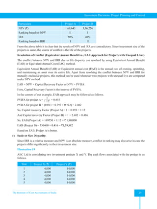 The Institute of Cost Accountants of India 29
Investment Decisions, Project Planning and Control
Particulars Project A Project B
NPV (`) 1,69,643 3,36,256
Ranking based on NPV II I
IRR 50% 40%
Ranking based on IRR I II
From the above table it is clear that the results of NPV and IRR are contradictory. Since investment size of the
projects is same, the source of conflict is the life of the projects.
Resolution of Conflict (Equivalent Annual Benefit i.e., EAB Approach for Projects with Unequal Lives)
The conflict between NPV and IRR due to life disparity can resolved by using Equivalent Annual Benefit
(EAB) or Equivalent Annual Cost (EAC) method.
Equivalent Annual Benefit (EAB) or Equivalent annual cost (EAC) is the annual cost of owning, operating,
and maintaining an asset over its entire life. Apart from resolving the conflict between NPV and IRR for
mutually exclusive projects, this method can be used whenever two projects with unequal live are compared
under NPV method.
EAB = NPV × Capital Recovery Factor or NPV ÷ PVIFA
Here, Capital Recovery Factor is the inverse of PVIFA.
In the context of our example, EAB approach may be followed as follows.
PVIFA for project A =
1
1.121 = 0.893
PVIFA for project B = (0.893 + 0.797 + 0.712) = 2.402
So, Capital recovery Factor (Project A) = 1 ÷ 0.893 = 1.12
And Capital recovery Factor (Project B) = 1 ÷ 2.402 = 0.416
So, EAB (Project A) = 169750 × 1.12 = ` 1,90,000
EAB (Project B) = 336400 × 0.416 = `1,39,882
Based on EAB, Project A is better.
c) Scale or Size Disparity:
Since IRR is a relative measure and NPV is an absolute measure, conflict in ranking may also arise in case the
projects differ significantly in their investment size.
Illustration 19
ABC Ltd is considering two investment projects X and Y. The cash flows associated with the project is as
follows.
Year Project X (`) Project Y (`)
1
2
3
4
5
4,000
4,000
4,000
4,000
4,000
14,000
14,000
14,000
14,000
14,000
 