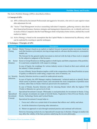 The Institute of Cost Accountants of India 399
Portfolio Theory and Practice
The Active Portfolio Strategy (APS) is described as follows
1. Concept of APS:
(a) APS is followed by Investment Professionals and aggressive Investors, who strive to earn superior return
after adjustment for risk.
(b) “Active” Fund Management involves researching individual Companies, gathering extensive data about
their financial performance, business strategies and management characteristics, etc. to identify and invest
in stocks of those Companies that the Fund Managers think will produce better returns, and beat the overall
market (or Index).
(c) Active Strategy is based on the assumption that the Capital Market is characterized by efficiency, which
can be exploited by resorting to specific techniques.
2. Techniques / Principles of APS:
Technique Description
(a) Market
Timing
Market Timing is based on an explicit or implicit forecast of general market movement, based on
tools like business cycle analysis, moving average analysis, advance-decline analysis, econometric
models, etc.
The forecast for the general market movement as derived with the help of these tools is tempted
by the subjective judgment of the Investors.
(b) Sector
Rotation
Sector or Group Rotation (or shifting) applies to both Equity and Debt components of the portfolio.
It is used more compulsorily with respect to strategy.
In case of Equity, the weightage for various industry sectors is based on their asset outlook, and
the industry’s future prospects.
In case of Bonds, Sector Rotation implies a shift in the composition of the Bond Portfolio in terms
of quality as reflected in credit rating, coupon rate, term of maturity, etc.
(c) Security
Selection.
Security Selection involves a search for under-priced security.
In case of Equity, the APS Manager employs fundamental / technical analysis to identify Stocks
which seems to promise superior return, and concentrate the stock components of portfolio more
on them, rather than on Stocks which are perceived to be unattractive.
In case of Bonds, Security Selection calls for choosing Bonds which offer the highest YTM
(Yields to-Maturity) at a given level of risk.
(d)
Specialised
Investment
Concept
Specialised Investment Concept / Philosophy is used particularly for investment in Stocks. Using
this concept, investments are made in Growth Stocks, Neglected or Out-of-Favour Stocks, Asset
Stocks, Technology Stocks and Cyclical Stocks.
Specialized Investment Concept helps to -
i.    Focus one’s effort on a certain kind of investment that reflects one’s ability and talent.
ii. Avoid the distraction of perusing other alternatives.
iii. Master an approach or style through sustained practice and continual self-criticism.
However, focussing exclusively on a Specialized Concept may it obsolete. Changes in market risk
may affect the validity of the basic premise underlying the investor philosophy.
 