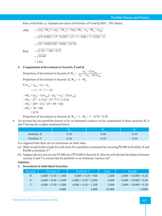The Institute of Cost Accountants of India 403
Portfolio Theory and Practice
Risk of Portfolio i.e. Standard deviation of Portfolio of P and Q [80% : 20% Ratio]
σPQ = √ (σP
2
×WP
2
) + (σQ
2
×WQ
2
) + 2(σP
2
×WP
× σQ
×WQ
× σPQ
)
		 = √ (32
×0.802
) + (72
×0.202
) + (2× 3 × 0.80 × 7 × 0.20 × 1)
		 = √(9 × 0.64)+(49 × 0.04) + (6.72)
Risk = √5.76 + 1.96 + 6.72
		 = √14.44
		 = 3.8%
3. Computation of Investment in Security P and Q
Proportion of Investment in Security P, WP
=
σQ
2
- CovPQ
σP
2
+ σQ
2
- 2CovPQ
Proportion of Investment in Security Q, WQ
= 1 - WP
CovPQ
= ρPQ
× σP
× σQ
           = -1 × 3 × 7 = -21
→WP
= [σQ
2
– CovPQ
] ÷ [σP
2
+ σQ
2
- 2CovPQ
]
→WP
= [72
– (-21)] ÷ [32
+72
-2 ×(-21)]
→WP
= [49 + 21] ÷ [9 + 49 + 42]
→WP
= 70 / 100
= 0.70
Proportion of Investment in Security Q, WQ
= 1 - WP
= 1 – 0.70 = 0.30
4. An investor has two portfolios known to be on minimum variance set for a population of three securities R, S
and T having the weights mentioned below:
WR
WS
WT
Portfolio X 0.30 0.40 0.30
Portfolio Y 0.20 0.50 0.30
It is supposed that there are no restrictions on short sales.
(a) What would be the weight for each stock for a portfolio constructed by investing `6,000 in Portfolio X and
`4,000 in Portfolio Y?
(b) Suppose the investor invests `5,000 out of `10,000 in Security R. How he will allocate the balance between
security S and T to ensure that his portfolio is on minimum variance set?
Solution:
1. Investment in Individual Securities
Security Portfolio X Portfolio Y Total Weight
R 6,000 × 0.30 = 1,800 4,000 × 0.20 = 800 2,600 2,600 ÷ 10,000 = 0.26
S 6,000 × 0.40 = 2,400 4,000 × 0.50 = 2,000 4,400 4,400 ÷ 10,000 = 0.44
T 6,000 × 0.30 = 1,800 4,000 × 0.30 = 1,200 3,000 3,000 ÷ 10,000 = 0.30
6,000 4,000 10,000 1.0000
 