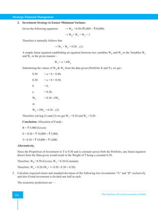 Strategic Financial Management
404 The Institute of Cost Accountants of India
404
2. Investment Strategy to Ensure Minimum Variance
Given the following equations → WR
= 0.50 (`5,000 ÷ `10,000)
→ WR
+ WS
+ WT
= 1
Therefore it naturally follows that
→ WT
+ WS
= 0.50 ...(1)
A simple linear equation establishing an equation between two variables WR
and WS
or the Variables WS
and WT
in the given manner—
				WT
= a + bWS
Substituting the values of WR
 WS
from the data given (Portfolio X and Y), we get -
0.30 = a + b × 0.40,
0.30 = a + b × 0.50,
b = 0,
a = 0.30,
WT
= 0.30 - 0WS.
or
WT
+ 0WS
= 0.30 ...(2)
Therefore solving (1) and (2) we get WT
= 0.30 and WS
= 0.20
Conclusion: Allocation of Funds -
R = ` 5,000 (Given)
S = 0.20 × ` 10,000 = ` 2,000.
T= 0.30 × ` 10,000 = ` 3,000.
Alternatively,
Since the Proportion of Investment in T is 0.30 and is constant across both the Portfolio, any linear equation
drawn from the Data given would result in the Weight of T being a constant 0.30.
Therefore, WR
= 0.50 (Given), WT
= 0.30 (Constant),
Therefore, WS
= 0.20 (WS
= 1- 0.50 - 0.30 = 0.20).
5. Calculate expected return and standard deviation of the following two investments “A” and “B” exclusively
and also if total investment is divided one half in each.
The economic predictions are —
 