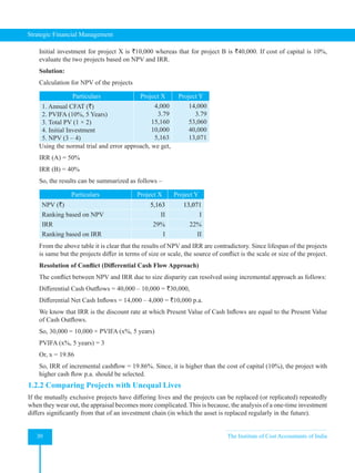 Strategic Financial Management
30 The Institute of Cost Accountants of India
Initial investment for project X is `10,000 whereas that for project B is `40,000. If cost of capital is 10%,
evaluate the two projects based on NPV and IRR.
Solution:
Calculation for NPV of the projects
Particulars Project X Project Y
1. Annual CFAT (`)
2. PVIFA (10%, 5 Years)
3. Total PV (1 × 2)
4. Initial Investment
5. NPV (3 – 4)
4,000
3.79
15,160
10,000
5,163
14,000
3.79
53,060
40,000
13,071
Using the normal trial and error approach, we get,
IRR (A) = 50%
IRR (B) = 40%
So, the results can be summarized as follows –
Particulars Project X Project Y
NPV (`) 5,163 13,071
Ranking based on NPV II I
IRR 29% 22%
Ranking based on IRR I II
From the above table it is clear that the results of NPV and IRR are contradictory. Since lifespan of the projects
is same but the projects differ in terms of size or scale, the source of conflict is the scale or size of the project.
Resolution of Conflict (Differential Cash Flow Approach)
The conflict between NPV and IRR due to size disparity can resolved using incremental approach as follows:
Differential Cash Outflows = 40,000 – 10,000 = `30,000,
Differential Net Cash Inflows = 14,000 – 4,000 = `10,000 p.a.
We know that IRR is the discount rate at which Present Value of Cash Inflows are equal to the Present Value
of Cash Outflows.
So, 30,000 = 10,000 × PVIFA (x%, 5 years)
PVIFA (x%, 5 years) = 3
Or, x = 19.86
So, IRR of incremental cashflow = 19.86%. Since, it is higher than the cost of capital (10%), the project with
higher cash flow p.a. should be selected.
1.2.2 Comparing Projects with Unequal Lives
If the mutually exclusive projects have differing lives and the projects can be replaced (or replicated) repeatedly
when they wear out, the appraisal becomes more complicated. This is because, the analysis of a one-time investment
differs significantly from that of an investment chain (in which the asset is replaced regularly in the future).
 