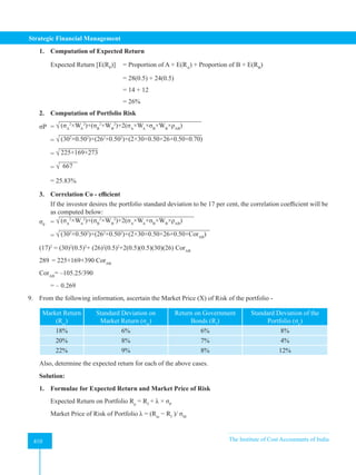 Strategic Financial Management
410 The Institute of Cost Accountants of India
410
1. Computation of Expected Return
Expected Return [E(RP
)] = Proportion of A × E(RA
) + Proportion of B × E(RB
)
					 = 28(0.5) + 24(0.5)
					 = 14 + 12
					= 26%
2. Computation of Portfolio Risk
σP = √ (σA
2
×WA
2
)+(σB
2
×WB
2
)+2(σA
×WA
×σB
×WB
×ρAB
)
= √ (302
×0.502
)+(262
×0.502
)+(2×30×0.50×26×0.50×0.70)
= √ 225+169+273
= √ 667
= 25.83%
3. Correlation Co - efficient
If the investor desires the portfolio standard deviation to be 17 per cent, the correlation coefficient will be
as computed below:
σP
= √ (σA
2
×WA
2
)+(σB
2
×WB
2
)+2(σA
×WA
×σB
×WB
×ρAB
)
= √ (302
×0.502
)+(262
×0.502
)+(2×30×0.50×26×0.50×CorAB
)
(17)2
= (30)2
(0.5)2
+ (26)2
(0.5)2
+2(0.5)(0.5)(30)(26) CorAB
289 = 225+169+390 CorAB
CorAB
= –105.25/390
= – 0.269
9. From the following information, ascertain the Market Price (X) of Risk of the portfolio -
Market Return
(Rm
)
Standard Deviation on
Market Return (σm
)
Return on Government
Bonds (Rf
)
Standard Deviation of the
Portfolio (σp
)
18% 6% 6% 8%
20% 8% 7% 4%
22% 9% 8% 12%
Also, determine the expected return for each of the above cases.
Solution:
1. Formulae for Expected Return and Market Price of Risk
Expected Return on Portfolio Rp
= Rf
+ λ × σP
Market Price of Risk of Portfolio λ = (Rm
− Rf
)/ σM
 