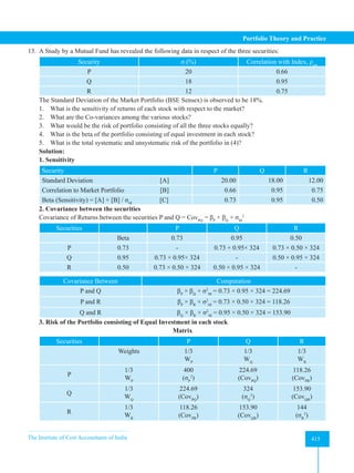 The Institute of Cost Accountants of India 415
Portfolio Theory and Practice
13. A Study by a Mutual Fund has revealed the following data in respect of the three securities:
Security σ (%) Correlation with Index, ρsm
P 20 0.66
Q 18 0.95
R 12 0.75
The Standard Deviation of the Market Portfolio (BSE Sensex) is observed to be 18%.
1. What is the sensitivity of returns of each stock with respect to the market?
2. What are the Co-variances among the various stocks?
3. What would be the risk of portfolio consisting of all the three stocks equally?
4. What is the beta of the portfolio consisting of equal investment in each stock?
5. What is the total systematic and unsystematic risk of the portfolio in (4)?
Solution:
1. Sensitivity
Security P Q R
Standard Deviation [A] 20.00 18.00 12.00
Correlation to Market Portfolio [B] 0.66 0.95 0.75
Beta (Sensitivity) = [A] × [B] / σM
[C] 0.73 0.95 0.50
2. Covariance between the securities
Covariance of Returns between the securities P and Q = CovPQ
= βP
× βQ
× σM
2
Securities P Q R
Beta 0.73 0.95 0.50
P 0.73 - 0.73 × 0.95× 324 0.73 × 0.50 × 324
Q 0.95 0.73 × 0.95× 324 - 0.50 × 0.95 × 324
R 0.50 0.73 × 0.50 × 324 0.50 × 0.95 × 324 -
Covariance Between Computation
P and Q βP
× βQ
× σ2
M
= 0.73 × 0.95 × 324 = 224.69
P and R βP
× βR
× σ2
M
= 0.73 × 0.50 × 324 = 118.26
Q and R βQ
× βR
× σ2
M
= 0.95 × 0.50 × 324 = 153.90
3. Risk of the Portfolio consisting of Equal Investment in each stock
Matrix
Securities P Q R
Weights 1/3
WP
1/3
WQ
1/3
WR
P
1/3
WP
400
(σP
2
)
224.69
(CovPQ
)
118.26
(CovPR
)
Q
1/3
WQ
224.69
(CovPQ
)
324
(σQ
2
)
153.90
(CovQR
)
R
1/3
WR
118.26
(CovPR
)
153.90
(CovQR
)
144
(σR
2
)
 
