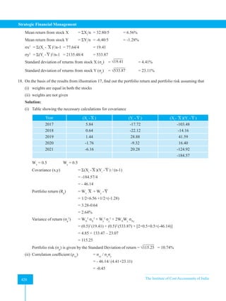 Strategic Financial Management
420 The Institute of Cost Accountants of India
420
Mean return from stock X = ΣXi
/n = 32.80/5 = 6.56%
Mean return from stock Y = ΣYi
/n = -6.40/5 = -1.28%
σx2
= Σ(Xi
- X )2
/n-1 = 77.64/4 = 19.41
σy2
= Σ(Yi
- Y )2
/n-1 = 2135.48/4 = 533.87
Standard deviation of returns from stock X (σx
) = √19.41 = 4.41%
Standard deviation of returns from stock Y (σy
) = √533.87 = 23.11%
18. On the basis of the results from illustration 17, find out the portfolio return and portfolio risk assuming that
(i) weights are equal in both the stocks
(ii) weights are not given
Solution:
(i) Table showing the necessary calculations for covariance
Year (Xi
- X ) (Yi
- Y ) (Xi
- X )(Yi
- Y )
2017 5.84 -17.72 -103.48
2018 0.64 -22.12 -14.16
2019 1.44 28.88 41.59
2020 -1.76 -9.32 16.40
2021 -6.16 20.28 -124.92
-184.57
Wx
= 0.5 Wy
= 0.5
Covariance (x,y) = Σ(Xi
- X )(Yi
- Y ) / (n-1)
				= -184.57/4
				= - 46.14
Portfolio return (Rp
) = Wx
X + Wy
- Y
= 1/2×6.56 +1/2×(-1.28)
				= 3.28-0.64
				= 2.64%
Variance of return (σp
2
) = WX
2
σX
2
+ Wy
2
σy
2
+ 2WX
Wy
σXy
				= (0.5)2
(19.41) + (0.5)2
(533.87) + [2×0.5×0.5×(-46.14)]
				 = 4.85 + 133.47 – 23.07
				= 115.25
Portfolio risk (σp
) is given by the Standard Deviation of return = √115.25 = 10.74%
(ii) Correlation coefficient (ρxy
) = σxy
/ σx
σy
= - 46.14/ (4.41×23.11)
					= -0.45
 