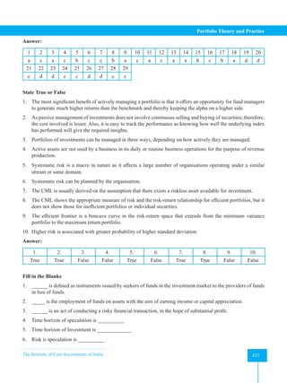 The Institute of Cost Accountants of India 437
Portfolio Theory and Practice
Answer:
1 2 3 4 5 6 7 8 9 10 11 12 13 14 15 16 17 18 19 20
a c a c b c c b a c a c a a b c b a d d
21 22 23 24 25 26 27 28 29
c d d c c d d c c
State True or False
1. The most significant benefit of actively managing a portfolio is that it offers an opportunity for fund managers
to generate much higher returns than the benchmark and thereby keeping the alpha on a higher side.
2. As passive management of investments does not involve continuous selling and buying of securities; therefore,
the cost involved is lesser. Also, it is easy to track the performance as knowing how well the underlying index
has performed will give the required insights.
3. Portfolios of investments can be managed in three ways, depending on how actively they are managed.
4. Active assets are not used by a business in its daily or routine business operations for the purpose of revenue
production.
5. Systematic risk is a macro in nature as it affects a large number of organisations operating under a similar
stream or same domain.
6. Systematic risk can be planned by the organisation.
7. The CML is usually derived on the assumption that there exists a riskless asset available for investment.
8. The CML shows the appropriate measure of risk and the risk-return relationship for efficient portfolios, but it
does not show those for inefficient portfolios or individual securities.
9. The efficient frontier is a boncave curve in the risk-return space that extends from the minimum variance
portfolio to the maximum return portfolio.
10. Higher risk is associated with greater probability of higher standard deviation
Answer:
1. 2. 3. 4. 5. 6. 7. 8. 9. 10.
True True False False True False True True False False
Fill in the Blanks
1. ______ is defined as instruments issued by seekers of funds in the investment market to the providers of funds
in lieu of funds.
2. _____ is the employment of funds on assets with the aim of earning income or capital appreciation.
3. ______ is an act of conducting a risky financial transaction, in the hope of substantial profit.
4. Time horizon of speculation is __________
5. Time horizon of Investment is _____________
6. Risk is speculation is __________
 