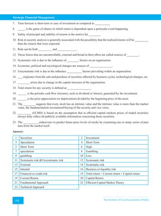Strategic Financial Management
438 The Institute of Cost Accountants of India
438
7. Time horizon is short term in case of investment as compared to __________
8. _____ is the game of chance in which return is dependent upon a particular event happening.
9. Safety of principal and stability of returns is the motive for ________
10. Risk in security analysis is generally associated with the possibility that the realized returns will be _________
than the returns that were expected.
11. Risk can be both _________ and _____________
12. Those forces that are uncontrollable, external and broad in their effect are called sources of ________.
13. Systematic risk is due to the influence of ________ factors on an organisation.
14. Economic, political and sociological changes are sources of _______________.
15. Unsystematic risk is due to the influence __________ factors prevailing within an organisation.
16. ___ originates from the sale and purchase of securities affected by business cycles, technological changes, etc.
17. ________ arises due to change in the capital structure of the organisation.
18. Total return for any security is defined as ________________
19. ______ is the periodic cash flow (income), such as dividend or interest, generated by the investment.
20. ______ is the price appreciation (or depreciation) divided by the beginning price of the asset.
21. The ________ suggests that every stock has an intrinsic value and the intrinsic value is more than the market
value, the fundamentalists recommend buying of the security and vice versa.
22. _________ (ECMH) is based on the assumption that in efficient capital markets prices of traded securities
always fully reflect all publicly available information concerning those securities.
23. The __________ endeavours to predict future price levels of stocks by examining one or many series of past
data from the market itself.
Answer:
1 Securities 2 Investment
3 Speculation 4 Short Term
5 Short Term 6 High
7 speculation 8 Gambling
9 gambling 10 Less
11 Systematic risk Unsystematic risk 12 Systematic risk
13 External 14 Systematic risk
15 Internal 16 Business or liquidity risk
17 Financial or credit risk 18 Total return = Current return + Capital return
19 Current Return 20 Capital Return
21 Fundamental Approach 22 Efficient Capital Market Theory
23 Technical Approach
 