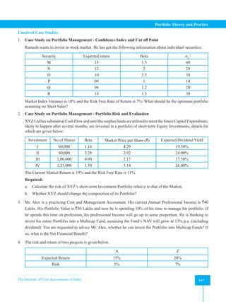 The Institute of Cost Accountants of India 447
Portfolio Theory and Practice
Unsolved Case Studies
1. Case Study on Portfolio Management - Confidence Index and Cut off Point
Ramesh wants to invest in stock market. He has got the following information about individual securities:
Security Expected return Beta σei
2
M 15 1.5 40
N 12 2 20
O 10 2.5 30
P 09 1 10
Q 08 1.2 20
R 14 1.5 30
Market Index Variance is 10% and the Risk Free Rate of Return is 7%. What should be the optimum portfolio
assuming no Short Sales?
2. Case Study on Portfolio Management - Portfolio Risk and Evaluation
XYZLtdhassubstantialCashFlowanduntilthesurplusfundsareutilizedtomeetthefutureCapitalExpenditure,
likely to happen after several months, are invested in a portfolio of short-term Equity Investments, details for
which are given below:
Investment No of Shares Beta Market Price per Share (`) Expected Dividend Yield
I 60,000 1.16 4.29 19.50%
II 80,000 2.28 2.92 24.00%
III 1,00,000 0.90 2.17 17.50%
IV 1,25,000 1.50 3.14 26.00%
The Current Market Return is 19% and the Risk Free Rate is 11%.
Required:
a. Calculate the risk of XYZ’s short-term Investment Portfolio relative to that of the Market.
b. Whether XYZ should change the composition of its Portfolio?
3. Mr. Alex is a practicing Cost and Management Accountant. His current Annual Professional Income is `40
Lakhs. His Portfolio Value is `50 Lakhs and now he is spending 10% of his time to manage his portfolio. If
he spends this time on profession, his professional Income will go up in some proportion. He is thinking to
invest his entire Portfolio into a Multicap Fund, assuming the Fund’s NAV will grow at 13% p.a. (including
dividend). You are requested to advice Mr. Alex, whether he can invest the Portfolio into Multicap Funds? If
so, what is the Net Financial Benefit?
4. The risk and return of two projects is given below.
A Z
Expected Return 15% 20%
Risk 5% 7%
 