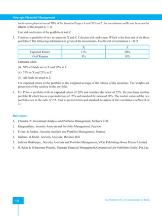 Strategic Financial Management
448 The Institute of Cost Accountants of India
448
An investor plans to invest 70% of his funds in Project A and 30% in Z. the correlation coefficient between the
returns of the project is +1.0.
Find risk and return of the portfolio A and Z
5. Construct a portfolio of two investments X and Z. Calculate risk and return. Which is the best, out of the three
portfolios? The following information is given of the investments. Coefficient of correlation r = 0.15
X Z
Expected Return 11% 20%
Ɵ of Returns 9% 18%
Calculate when
(i) 50% of funds are in X and 50% in Z
(ii) 75% in X and 25% in Z
(iii) All funds invested in Z.
The expected return of the portfolio is the weighted average of the returns of the securities. The weights are
proportion of the security in the portfolio.
6. Mr. P has a portfolio with an expected return of 20% and standard deviation of 25%. He purchases another
portfolio B which has an expected return of 15% and standard deviation of 18%. The market values of the two
portfolios are in the ratio of 2:3. Find expected return and standard deviation of the correlation coefficient of
0.7.
References:
1. Chandra. P., Investment Analysis and Portfolio Management, McGarw Hill.
2. Ranganathan., Security Analysis and Portfolio Management, Pearson.
3. Fisher.  Jordon., Security Analysis and Portfolio Management, Pearson.
4. Graham.  Dodd., Security Analysis, McGarw Hill.
5. Subrata Mukherjee., Security Analysis and Portfolio Management, Vikas Publishing House Private Limited.
6. G. Sekar  B Saravana Prasath., Strategic Financial Management, Commercial Law Publishers (India) Pvt. Ltd.
 