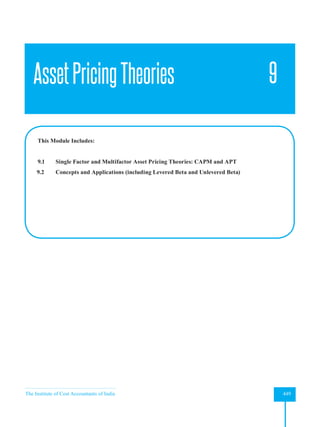 The Institute of Cost Accountants of India 449
Asset Pricing Theories
AssetPricingTheories 9
This Module Includes:
9.1		 Single Factor and Multifactor Asset Pricing Theories: CAPM and APT
9.2 		Concepts and Applications (including Levered Beta and Unlevered Beta)
 