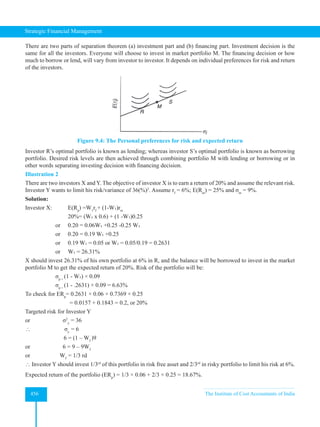 Strategic Financial Management
456 The Institute of Cost Accountants of India
There are two parts of separation theorem (a) investment part and (b) financing part. Investment decision is the
same for all the investors. Everyone will choose to invest in market portfolio M. The financing decision or how
much to borrow or lend, will vary from investor to investor. It depends on individual preferences for risk and return
of the investors.
Figure 9.4: The Personal preferences for risk and expected return
Investor R’s optimal portfolio is known as lending; whereas investor S’s optimal portfolio is known as borrowing
portfolio. Desired risk levels are then achieved through combining portfolio M with lending or borrowing or in
other words separating investing decision with financing decision.
Illustration 2
There are two investors X and Y. The objective of investor X is to earn a return of 20% and assume the relevant risk.
Investor Y wants to limit his risk/variance of 36(%)2
. Assume rf
= 6%; E(Rm
) = 25% and σm
= 9%.
Solution:
Investor X: E(Rp
) =W1
rf
+ (1-W₁)rm
20%= (W₁ x 0.6) + (1 -W₁)0.25
or 0.20 = 0.06W₁ +0.25 -0.25 W₁
or 0.20 = 0.19 W₁ +0.25
or 0.19 W₁ = 0.05 or W₁ = 0.05/0.19 = 0.2631
or W₁ = 26.31%
X should invest 26.31% of his own portfolio at 6% in R, and the balance will be borrowed to invest in the market
portfolio M to get the expected return of 20%. Risk of the portfolio will be:
σp =
(1 - W₁) × 0.09
σp =
(1 - .2631) × 0.09 = 6.63%
To check for ERp
= 0.2631 × 0.06 + 0.7369 × 0.25
= 0.0157 + 0.1843 = 0.2, or 20%
Targeted risk for Investor Y
or σ2
y
= 36
 σy
= 6
6 = (1 – Wf
)9
or 6 = 9 – 9Wf
or Wf
= 1/3 rd
 Investor Y should invest 1/3rd
of this portfolio in risk free asset and 2/3rd
in risky portfolio to limit his risk at 6%.
Expected return of the portfolio (ERp
) = 1/3 × 0.06 + 2/3 × 0.25 = 18.67%.
 