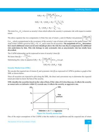 The Institute of Cost Accountants of India 459
Asset Pricing Theories
E(Ri
) = Rf
+
E(Rm
)-Rf
σ2
m
[
[ (Covi,m
)
E(Ri
) = Rf
+ [E(Rm
) - Rf
] ×σi
× σm
× ρim
σm
× σm
Rf
+ [E(Rm
) - Rf
] ×
σi
σm
× ρim
The term Covim
/σ2
m
is known as security’s beta which reflects the security’s systematic risk with respect to market
return.
The above equation has two components (1) Risk free rate of return rf
and (2) Market risk premium
E(Rm
)-Rf
σ2
m
[
[
Covi,m
which is proportional to the covariance of the security’s rate of return with respect to the market return. The
slope of the CAPM is given by E(Rm
) - Rf
/ σ2
m
and is same for all securities. The magnitude of Covim
determines
how much additional return an investor should get above the risk free rate (Rf
) to compensate for additional
risk undertaken by him. This risk belongs to only systematic risk as unsystematic risk has totally been
diversified.
The CAPM relationship can be expressed in term of security’s beta (β)
We know that (β) =
Cov(i,m)
σ2
m
Substituting this value in equation E(Ri
) = Rf
+
E(Rm
)-Rf
σ2
m
[
[ (Covi,m
) we get
E(Ri
)=Rf
+ [E(Rm
) – Rf
]βi
Security Market Line (SML)
We can plot the required rate of returns Rj
and systematic risk (β) as expressed in CAPM to produce a graph of the
SML as shown below:
Since all securities are expected to plot along the SML, the direct and convenient way to determine the expected
return provided we know the beta of the security.
SMLclassifies the securities based on the value of beta. If the value of β is less than one, it reflects the security
as conservative or defensive while if β exceeds one, it reflects the security as aggressive one.
Figure 9.6: Security market line
One of the major assumptions of the CAPM is that the market is in equilibrium and the expected rate of return
 