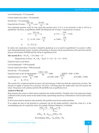 The Institute of Cost Accountants of India 461
Asset Pricing Theories
Last dividend paid = ` 2 (assumed).
Current market price/share =10 (assumed).
Growth rate = 4% (assumed).
Expected rate of return =
D0
(1+g)
P0
+ g or
2(1.04)
10
+ .04
Next important question arises by how much the purchase price of A is to be increased so that it will be at
equilibrium. We know, at equilibrium, ROR=ER (Required rate of return= Expected rate of return).
		 13.8 =
D0
(1+g)
P0
+ g 		 or 13.8 =
2.08
P0
+ 0.04
		or P0
= 0.138 - 0.04 =
2.08
P0
		 or 0.098 =
2.08
P0
		or P0
= ` 21.22
In reality, how much price of security A should be pushed up so as to reach its equilibrium? As security A offers
more than proportionate returns, investors will purchase it, the price will go up and returns will come down and the
process will continue till ROR and ER will be at equilibrium level.
The security B: Rf
= 6%; Rm
= 12%; Beta = 1.8
Required rate of return = Rf
+ (Rm
– Rf
) β = 6 + (12 – 6) × 1.8 = 16.8%.
Expected return a year hence:
Last dividend paid = 0.90 (assumed)
Current market price/share = `40 (assumed)
Growth rate = 4% (assumed)
Expected return as per dividend model =
0.90 (1+.04)
40
+ 0.04		 = 0.0234 + 0.04 = 6.34%
Equilibrium price = 0.168 =
0.936
P0
+ 0.04		 or 0.168 - 0.04 =
0.936
P0
		 or 0.128P0
= 0.936.
or P0
= `7.31
The security B is overpriced and the investors will sell it because it offers less than the required rate of return. The
increase in supply of security B as investors will sell it, will bring down the market price and will increase the
return. The process will continue until the ER and ROR area at equilibrium level.
Analysis of Beta (β)
Beta measures the extent to which returns respond to the market portfolio. Formally, beta is the regression (slope)
coefficient of the security return on the market return, representing sensitivity to fluctuations in the overall security
market.
If all investors hold an identical risky portfolio, this portfolio must be the market portfolio.
If we equate the ratio of risk premium to systematic risk for the market portfolio, which has a beta of 1, to the
corresponding ratio for a particular stock, for example, Reliance Industries, we find that
E(Rm
) - Rf
1
=
E(RReliance
) - Rf
βReliance
E(R)Rel
- Rf
= β(Reliance)
[E(Rm
) - Rf
]
Re-arranging, E(R)Rel
= β(R)
[E(Rm
) - Rf
]
 