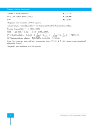 Strategic Financial Management
36 The Institute of Cost Accountants of India
Total PV of Real Cash Inflows: ` 23,74,129
PV of Cash Outflow (Initial Outlay): ` 24,00,000
NPV ` (–) 25,871
The project is not acceptable as NPV is negative.
Alternatively, the Nominal Cash Inflows may be discounted with the Nominal Discount Rate.
Nominal Discount Rate = 1 – (1+IR) (1+RDR)
NDR = 1 – (1+0.05) (1+0.10) = 1 – 1.155 = 0.155 or 15.5%
PV of Real Cash Inflows = 8,40,000 × [(
1
1.155
)1
+ (
1
1.155
)2
+ (
1
1.155
)3
+ (
1
1.155
)4
] = ` 23,74,176
NPV (after considering inflation) = ` (23,74,176 – 24,00,000) = ` (–) 25,824
[Note: Two results are same, difference between two figures (`25,871 & `25,824) is due to approximation of
discounting factors.]
The project is not acceptable as NPV is negative.
 