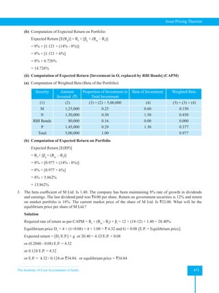 The Institute of Cost Accountants of India 473
Asset Pricing Theories
(b) Computation of Expected Return on Portfolio
Expected Return [E(Rp
)] = Rf
+ [βp
× (Rm
– Rf
)]
= 8% + [1.121 × (14% - 8%)]
= 8% + [1.121 × 6%]
= 8% + 6.726%
= 14.726%
(ii) Computation of Expected Return [Investment in O, replaced by RBI Bonds] (CAPM)
(a) Computation of Weighted Beta (Beta of the Portfolio)
Security Amount
Invested (`)
Proportion of Investment to
Total Investment
Beta of Investment Weighted Beta
(1) (2) (3) = (2) ÷ 5,00,000 (4) (5) = (3) × (4)
M 1,25,000 0.25 0.60 0.150
N 1,50,000 0.30 1.50 0.450
RBI Bonds 80,000 0.16 0.00 0.000
P 1,45,000 0.29 1.30 0.377
Total 5,00,000 1.00 0.977
(b) Computation of Expected Return on Portfolio
Expected Return [E(RP)]
= Rf
+ [βp
× (Rm
– Rf
)]
= 8% + [0.977 × (14% - 8%)]
= 8% + [0.977 × 6%]
= 8% + 5.862%
= 13.862%
3. The beta coefficient of M Ltd. Is 1.40. The company has been maintaining 8% rate of growth in dividends
and earnings. The last dividend paid was `4.00 per share. Return on government securities is 12% and return
on market portfolio is 18%. The current market price of the share of M Ltd. Is `32.00. What will be the
equilibrium price per share of M Ltd.?
Solution
Required rate of return as per CAPM = Rf
+ (Rm
- Rf
) × βi
= 12 + (18-12) × 1.40 = 20.40%.
Equilibrium price D1
= 4 × (1+0.08) = 4 × 1.08 = ` 4.32 and G = 0.08 [E.P. = Equilibrium price].
Expected return = [D1
/E.P.] + g or 20.40 = 4.32/E.P. + 0.08
or (0.2040 - 0.08) E.P. = 4.32
or 0.124 E.P. = 4.32
or E.P. = 4.32 / 0.124 or `34.84. or equilibrium price = `34.84
 