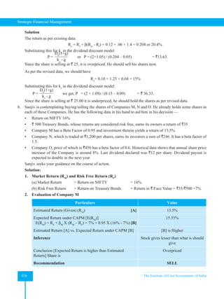 Strategic Financial Management
476 The Institute of Cost Accountants of India
Solution
The return as per existing data:
Rx
= Rf
+ β(Rm
- Rf
) = 0.12 + .06 × 1.4 = 0.204 or 20.4%.
Substituting this for ke
in the dividend discount model
			 P =
D0
(1+g)
ke
- g
or P = (2×1.05) / (0.204 – 0.05) 		 = `13.63.
Since the share is selling at ` 25, it is overpriced. He should sell his shares now.
As per the revised data, we should have
Rx
= 0.10 + 1.25 × 0.04 = 15%
Substituting this for ke
in the dividend discount model
		P =
D0
(1+g)
ke
- g
we get, P = (2 × 1.09) / (0.15 – 0.09) = ` 36.33.
Since the share is selling at ` 25.00 it is underpriced, he should hold the shares as per revised data.
6. Sanjiv is contemplating buying/selling the shares of Companies M, N and O. He already holds some shares in
each of these Companies. He has the following data in his hand to aid him in his decision —
•		 Return on NIFTY 16%
•		 ` 500 Treasury Bonds, whose returns are considered risk free, earns its owners a return of `35
•		 Company M has a Beta Factor of 0.95 and investment therein yields a return of 13.5%
•		 Company N, which is traded at `1,200 per shares, earns its investors a sum of `246. It has a beta factor of
1.5.
•		 Company O, price of which is `450 has a beta factor of 0.6. Historical data shows that annual share price
increase of the Company is around 8%. Last dividend declared was `12 per share. Dividend payout is
expected to double in the next year.
Sanjiv seeks your guidance on the course of action.
Solution:
1. Market Return (RM
) and Risk Free Return (RF
)
		 (a) Market Return 		 = Return on NIFTY 		 = 16%
		 (b) Risk Free Return = Return on Treasury Bonds = Return in `/Face Value = `35/`500 =7%
2. Evaluation of Company M
Particulars Value
Estimated Return (Given) (RM
)		 [A] 13.5%
Expected Return under CAPM [E(RM
)]
E(RM
) = RF
+ βM
X (RM
– RF
) = 7% + 0.95 X (16% - 7%) [B]
15.55%
Estimated Return [A] vs. Expected Return under CAPM [B] [B] is Higher
Inference Stock gives lesser than what is should
give
Conclusion [Expected Return is higher than Estimated
Return] Share is
Overpriced
Recommendation SELL
 