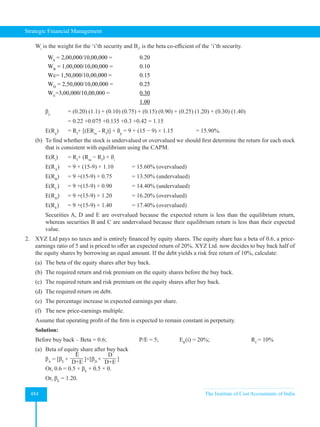 Strategic Financial Management
484 The Institute of Cost Accountants of India
Wi
is the weight for the ‘i’th security and Bi
, is the beta co-efficient of the ‘i’th security.
WA
= 2,00,000/10,00,000 = 0.20
WB
= 1,00,000/10,00,000 = 0.10
Wc= 1,50,000/10,00,000 = 0.15
WD
= 2,50,000/10,00,000 = 0.25
WE
=3,00,000/10,00,000 = 0.30
1.00
βρ
= (0.20) (1.1) + (0.10) (0.75) + (0.15) (0.90) + (0.25) (1.20) + (0.30) (1.40)
			 = 0.22 +0.075 +0.135 +0.3 +0.42 = 1.15
E(Rp
) = Rf
+ [(ERm
- Rf
)] × ßp
= 9 + (15 − 9) × 1.15 = 15.90%.
(b) To find whether the stock is undervalued or overvalued we should first determine the return for each stock
that is consistent with equilibrium using the CAPM.
E(Ri
) = Rf
+ (Rm
− Rf
) × ßi
E(RA
) = 9 + (15-9) × 1.10 = 15.60% (overvalued)
E(RB
) = 9 +(15-9) × 0.75 = 13.50% (undervalued)
E(RC
) = 9 +(15-9) × 0.90 = 14.40% (undervalued)
E(RD
) = 9 +(15-9) × 1.20 = 16.20% (overvalued)
E(RE
) = 9 +(15-9) × 1.40 = 17.40% (overvalued)
Securities A, D and E are overvalued because the expected return is less than the equilibrium return,
whereas securities B and C are undervalued because their equilibrium return is less than their expected
value.
2. XYZ Ltd pays no taxes and is entirely financed by equity shares. The equity share has a beta of 0.6, a price-
earnings ratio of 5 and is priced to offer an expected return of 20%. XYZ Ltd. now decides to buy back half of
the equity shares by borrowing an equal amount. If the debt yields a risk free return of 10%, calculate:
(a) The beta of the equity shares after buy back.
(b) The required return and risk premium on the equity shares before the buy back.
(c) The required return and risk premium on the equity shares after buy back.
(d) The required return on debt.
(e) The percentage increase in expected earnings per share.
(f) The new price-earnings multiple.
Assume that operating profit of the firm is expected to remain constant in perpetuity.
Solution:
Before buy back – Beta = 0.6; P/E = 5; ER
(i) = 20%; Rf
= 10%
(a) Beta of equity share after buy back
βA
= [βE
×
E
D+E ]×[βD
×
D
D+E ]
Or, 0.6 = 0.5 × βE
+ 0.5 × 0.
Or, βE
= 1.20.
 