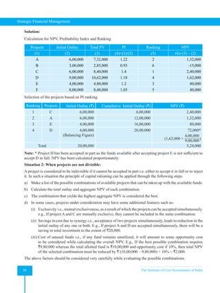 Strategic Financial Management
38 The Institute of Cost Accountants of India
Solution:
Calculation for NPV, Profitability Index and Ranking
Projects Initial Outlay Total PV PI Ranking NPV
(1) (2) (3) (4)=(3)/(2) (5) (6)=(3) – (2)
A 6,00,000 7,32,000 1.22 2 1,32,000
B 3,00,000 2,85,000 0.95 6 -15,000
C 6,00,000 8,40,000 1.4 1 2,40,000
D 9,00,000 10,62,000 1.18 4 1,62,000
E 4,00,000 4,80,000 1.2 3 80,000
F 8,00,000 8,40,000 1.05 5 40,000
Selection of the projects based on PI ranking.
Ranking Projects Initial Outlay (`) Cumulative Initial Outlay (`) NPV (`)
1 C 6,00,000 6,00,000 2,40,000
2 A 6,00,000 12,00,000 1,32,000
3 E 4,00,000 16,00,000 80,000
4 D 4,00,000
(Balancing Figure)
20,00,000 72,000*
(1,62,000 ×
4,00,000
9,00,000
)
Total 20,00,000 5,24,000
Note: * Project D has been accepted in part as the funds available after accepting project E is not sufficient to
accept D in full. NPV has been calculated proportionately.
Situation 2: When projects are not divisible:
A project is considered to be indivisible if it cannot be accepted in part i.e. either to accept it in full or to reject
it. In such a situation the principle of capital rationing can be applied through the following steps.
a) Make a list of the possible combinations of available projects that can be taken up with the available funds.
b) Calculate the total outlay and aggregate NPV of each combination.
c) The combination that yields the highest aggregate NPV is considered the best.
d) In some cases, projects under consideration may have some additional features such as-
(i) Exclusivity i.e., mutual exclusiveness, as a result of which the projects can be accepted simultaneously.
e.g., If project A and C are mutually exclusive, they cannot be included in the same combination.
(ii) Savings in cost due to synergy i.e., acceptance of two projects simultaneously, leads to reduction in the
initial outlay of any one or both. E.g., If project A and D are accepted simultaneously, there will be a
saving in total investment to the extent of `20,000.
(iii) Cost of unused funds i.e., if any fund remains unutilized, it will amount to some opportunity cost
to be considered while calculating the overall NPV. E.g., If the best possible combination requires
`9,80,000 whereas the total allotted fund is `10,00,000 and opportunity cost if 10%, then total NPV
of the selected combination must be reduced by ` (10,00,000 – 9,80,000) × 10% = `2,000.
The above factors should be considered very carefully while evaluating the possible combinations.
 