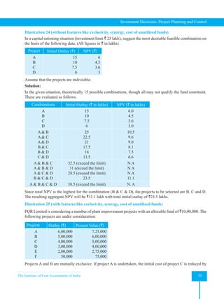 The Institute of Cost Accountants of India 39
Investment Decisions, Project Planning and Control
Illustration 24 (without features like exclusivity, synergy, cost of unutilized funds)
In a capital rationing situation (investment limit ` 25 lakh), suggest the most desirable feasible combination on
the basis of the following data. (All figures in ` in lakhs)
Project Initial Outlay (`) NPV (`)
A
B
C
D
15
10
7.5
6
6
4.5
3.6
3
Assume that the projects are indivisible.
Solution:
In the given situation, theoretically 15 possible combinations, though all may not qualify the fund constraint.
These are evaluated as follows.
Combinations Initial Outlay (` in lakhs) NPV (` in lakhs)
A
B
C
D
15
10
7.5
6
6.0
4.5
3.6
3.0
A & B
A & C
A & D
B & C
B & D
C & D
25
22.5
21
17.5
16
13.5
10.5
9.6
9.0
8.1
7.5
6.6
A & B & C
A & B & D
A & C & D
B & C & D
32.5 (exceed the limit)
31 (exceed the limit)
28.5 (exceed the limit)
23.5
N.A
N.A
N.A
11.1
A & B & C & D 38.5 (exceed the limit) N. A
Since total NPV is the highest for the combination (B & C & D), the projects to be selected are B, C and D.
The resulting aggregate NPV will be `11.1 lakh with total initial outlay of `23.5 lakhs.
Illustration 25 (with features like exclusivity, synergy, cost of unutilized funds)
PQR Limited is considering a number of plant improvement projects with an allocable fund of `10,00,000. The
following projects are under consideration.
Projects Outlay (`) Present Value (`)
A
B
C
D
E
F
6,00,000
5,00,000
4,00,000
3,00,000
2,00,000
50,000
7,25,000
6,00,000
5,00,000
4,00,000
2,75,000
75,000
Projects A and B are mutually exclusive. If project A is undertaken, the initial cost of project C is reduced by
 