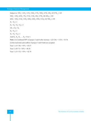 Strategic Financial Management
44 The Institute of Cost Accountants of India
Subject to: 52X1
+ 41X2
+11X3
+38X4
+27X5
+50X6
+47X7
+0X8
+45.57X9
≤ 145
50X1
+ 23X2
+45X3
+7X4
+51X5
+13X6
+0X7
+27X8
+48.36X9
≤ 182
48X1
+ 35X2
+31X3
+15X4
+20X5
+20X6
+29X7
+51X8
+42.78X9
≤ 195
X1
+ X2
≤ 1
X3
+ X4
+ X5
+ X6
≥ 2
2X7
≤ X2
+ X4
X5
+ X8
≤ 1
X3
+ X4
+ X9
≤ 1
And X1
, X2
, X3
….. X9
= 0 or 1.
Note: (1) Combined NPV of project 3 and 4 after increase = (22+26) × 112% = 53.76
(2) Revised total cash outflow if project 3 and 4 both are accepted:
Year 1: (11+38) × 93% = 45.57
Year 2: (45+7) × 93% = 48.36
Year 3: (31+15) × 93% = 42.78
 