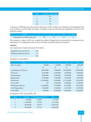 The Institute of Cost Accountants of India 55
Investment Decisions, Project Planning and Control
Year Capacity in percentage
1 20
2 30
3-5 75
6-8 50
A sale price of `100 per unit with a profit-volume ratio of 60% is likely to be obtained. Fixed Operating Cash
Cost are likely to be `16 lakhs per annum. In addition to this the advertisement expenditure will have to be
incurred as under:
Year 1 2 3-5 6-8
Expenditure in ` lakhs each year 30 15 10 4
The company is subject to 40% tax, straight-line method of depreciation, (permissible for tax purposes also)
and taking 15% as appropriate after-tax Cost of Capital, should the project be accepted?
Solution:
(a) Computation of initial cash outlay (` in lakhs)
Equipment Cost (at year 0) 120
Working Capital (at year 0) 15
135
Calculation of cash inflows
Year 1 2 3-5 6-8
Sales (in units) 80,000 1,20,000 3,00,000 2,00,000
` ` ` `
Contribution @ ` 60 p.u. 48,00,000 72,00,000 1,80,00,000 1,20,00,000
Fixed cost 16,00,000 16,00,000 16,00,000 16,00,000
Advertisement 30,00,000 15,00,000 10,00,000 4,00,000
Depreciation 15,00,000 15,00,000 16,50,000 16,50,000
Profit/(loss) (13,00,000) 26,00,000 1,37,50,000 83,50,000
Tax @ 40% Nil 10,40,000 55,00,000 33,40,000
Profit/(loss) after tax (13,00,000) 15,60,000 82,50,000 50,10,000
Add: Depreciation 15,00,000 15,00,000 16,50,000 16,50,000
Cash Inflow 2,00,000 30,60,000 99,00,000 66,60,000
Computation of PV of Cash Inflow (`)
Year CIF (`) PV Factor @ 15% (`)
1 2,00,000 0.8696 1,73,920
2 30,60,000 0.7561 23,13,666
3 99,00,000 0.6575 65,09,250
4 99,00,000 0.5718 56,60,820
 
