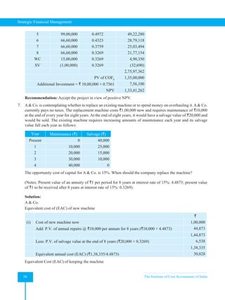 Strategic Financial Management
56 The Institute of Cost Accountants of India
5 99,00,000 0.4972 49,22,280
6 66,60,000 0.4323 28,79,118
7 66,60,000 0.3759 25,03,494
8 66,60,000 0.3269 21,77,154
WC 15,00,000 0.3269 4,90,350
SV (1,00,000) 0.3269 (32,690)
2,75,97,362
PV of COF0
1,35,00,000
Additional Investment = ` 10,00,000 × 0.7561 7,56,100
NPV 1,33,41,262
Recommendation: Accept the project in view of positive NPV.
7. A & Co. is contemplating whether to replace an existing machine or to spend money on overhauling it.A & Co.
currently pays no taxes. The replacement machine costs `1,00,000 now and requires maintenance of `10,000
at the end of every year for eight years. At the end of eight years, it would have a salvage value of `20,000 and
would be sold. The existing machine requires increasing amounts of maintenance each year and its salvage
value fall each year as follows:
Year Maintenance (`) Salvage (`)
Present 0 40,000
1 10,000 25,000
2 20,000 15,000
3 30,000 10,000
4 40,000 0
The opportunity cost of capital for A & Co. is 15%. When should the company replace the machine?
(Notes: Present value of an annuity of `1 per period for 8 years at interest rate of 15%: 4.4873; present value
of `1 to be received after 8 years at interest rate of 15%: 0.3269).
Solution:
A & Co.
Equivalent cost of (EAC) of new machine
`
(i) Cost of new machine now 1,00,000
Add: P.V. of annual repairs @ `10,000 per annum for 8 years (`10,000 × 4.4873) 44,873
1,44,873
Less: P.V. of salvage value at the end of 8 years (`20,000 × 0.3269) 6,538
1,38,335
Equivalent annual cost (EAC) (`1,38,335/4.4873) 30,828
Equivalent Cost (EAC) of keeping the machine
 