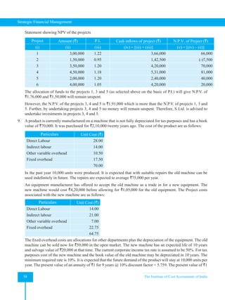 Strategic Financial Management
58 The Institute of Cost Accountants of India
Statement showing NPV of the projects
Project Amount (`) P.I. Cash inflows of project (`) N.P.V. of Project (`)
(i) (ii) (iii) (iv) = [(ii) × (iii)] (v) = [(iv) – (ii)]
1 3,00,000 1.22 3,66,000 66,000
2 1,50,000 0.95 1,42,500 (-)7,500
3 3,50,000 1.20 4,20,000 70,000
4 4,50,000 1.18 5,31,000 81,000
5 2,00,000 1.20 2,40,000 40,000
6 4,00,000 1.05 4,20,000 20,000
The allocation of funds to the projects 1, 3 and 5 (as selected above on the basis of P.I.) will give N.P.V. of
`1,76,000 and `1,50,000 will remain unspent.
However, the N.P.V. of the projects 3, 4 and 5 is `1,91,000 which is more than the N.P.V. of projects 1, 3 and
5. Further, by undertaking projects 3, 4 and 5 no money will remain unspent. Therefore, S Ltd. is advised to
undertake investments in projects 3, 4 and 5.
9. A product is currently manufactured on a machine that is not fully depreciated for tax purposes and has a book
value of `70,000. It was purchased for `2,10,000 twenty years ago. The cost of the product are as follows:
Particulars Unit Cost (`)
Direct Labour 28.00
Indirect labour 14.00
Other variable overhead 10.50
Fixed overhead 17.50
70.00
In the past year 10,000 units were produced. It is expected that with suitable repairs the old machine can be
used indefinitely in future. The repairs are expected to average `75,000 per year.
An equipment manufacturer has offered to accept the old machine as a trade in for a new equipment. The
new machine would cost `4,20,000 before allowing for `1,05,000 for the old equipment. The Project costs
associated with the new machine are as follows:
Particulars Unit Cost (`)
Direct Labour 14.00
Indirect labour 21.00
Other variable overhead 7.00
Fixed overhead 22.75
64.75
The fixed overhead costs are allocations for other departments plus the depreciation of the equipment. The old
machine can be sold now for `50,000 in the open market. The new machine has an expected life of 10 years
and salvage value of `20,000 at that time. The current corporate income tax rate is assumed to be 50%. For tax
purposes cost of the new machine and the book value of the old machine may be depreciated in 10 years. The
minimum required rate is 10%. It is expected that the future demand of the product will stay at 10,000 units per
year. The present value of an annuity of `1 for 9 years @ 10% discount factor = 5.759. The present value of `1
 