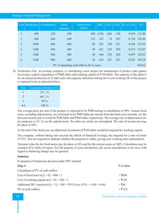 Strategic Financial Management
60 The Institute of Cost Accountants of India
Year Production Contribution Fixed
expenses
Depreciation
(WDV)
PBT PAT CIAT PV at 15% PV
1
2
3
4
5
6
400
800
1080
1200
1200
1200
320
640
864
960
960
960
240
360
480
480
480
480
200
133
89
59
40
26
(120)
147
295
421
440
454
(60)
74
148
210
220
227
140
207
237
269
260
253
0.870
0.756
0.658
0.572
0.497
0.432
121.80
156.49
155.95
153.87
129.22
109.29
PV of operating cash inflows for 6 years 826.62
10. Techtronics Ltd., an existing company, is considering a new project for manufacture of pocket video games
involving a capital expenditure of `600 lakhs and working capital of `150 lakhs. The capacity of the plant is
for an annual production of 12 lakh units and capacity utilisation during the 6-year working life of the project
is expected to be as indicated below.
Year Capacity utilization (%)
1 331
/3
%
2 662
/3
%
3 90 %
4-6 100 %
The average price per unit of the product is expected to be `200 netting a contribution of 40%. Annual fixed
costs, excluding depreciation, are estimated to be `480 lakhs per annum from the third year onwards; for the
first and second year it would be `240 lakhs and `360 lakhs respectively. The average rate of depreciation for
tax purposes is 331
/3
% on the capital assets. No other tax reliefs are anticipated. The rate of income-tax may
be taken at 50%.
At the end of the third year, an additional investment of `100 lakhs would be required for working capital.
The company, without taking into account the effects of financial leverage, has targeted for a rate of return
of 15%. You are required to indicate whether the proposal is viable, giving your working notes and analysis.
Terminal value for the fixed assets may be taken at 10% and for the current assets at 100%. Calculation may be
rounded off to lakhs of rupees. For the purpose of your calculations, the recent amendments to tax laws with
regard to balancing charge may be ignored.
Solution:
Evaluation of Expansion decision under NPV method
Step 1:									` In lakhs
Calculation of PV of cash outflow
Cost of fixed asset at [t = 0] = 600 × 1 = `600
Cost of working capital at [t = 0] = 150 × 1 = `150
Additional WC required at [t = 3] = 100 × PVF (3yrs 15%)  = (100 × 0.66) = `66
PV of cash outflow = ` 816
 