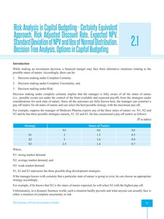 The Institute of Cost Accountants of India 75
Evaluation of Risky Proposals for Investment Decisions
Risk Analysis in Capital Budgeting - Certainty Equivalent
Approach, Risk Adjusted Discount Rate, Expected NPV,
StandardDeviationofNPVandUseofNormalDistribution,
DecisionTreeAnalysis,OptionsinCapitalBudgeting
2.1
A
Introduction
While making an investment decision, a financial manger may face three alternative situations relating to the
possible states of nature. Accordingly, there can be:
1. Decision making under Complete Certainty
2. Decision making under Complete Uncertainty; and
3. Decision making under Risk.
Decision making under complete certainty implies that the manager is fully aware of all the states of nature
(i.e., possible events not under the control of the firm) available and expected payoffs from the strategies under
considerations for each state of nature. Since all the outcomes are fully known here, the manager can construct a
pay-off matrix for all states of nature and can select the best possible strategy with the maximum pay-off.
For example, suppose the manager of Medicare Pharma expects any of the three states of nature viz. N1, N2 and
N3 and he has three possible strategies namely, S1, S2 and S3. He has constructed a pay-off matrix as follows:
(` in lakhs)
Strategy States of Nature
N1 N2 N3
S1 2 1.5 0.5
S2 3 1.6 0.8
S3 2.5 1.4 0.7
Where,
N1: strong market demand
N2: average market demand; and
N3: weak market demand
S1, S2 and S3 represents the three possible drug development strategies.
If the manager knows with certainty that a particular state of nature is going to exist, he can choose an appropriate
strategy accordingly.
For example, if he knows that N2 is the states of nature expected, he will select S2 with the highest pay-off.
Unfortunately, in a dynamic business world, such a situation hardly prevails and what anyone can actually face is
either a situation of complete uncertainty or risk.
 