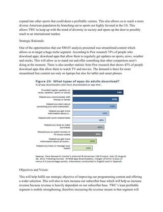 expand into other sports that could deem a profitable venture. This also allows us to reach a more
diverse American population by branching out to sports not highly favored in the US. This
allows TWC to keep up with the trend of diversity in society and opens up the door to possibly
reach to an international market.

Strategic Rationale:

One of the opportunities that our SWOT analysis presented was streamlined content which
allows us to target a huge niche segment. According to Pew research 74% of people who
download apps; download apps that allow them to regularly get updates on sports, news, weather
and stocks. This will allow us to stand out and offer something that other competitors aren’t
doing at the moment. There is also another statistic from Pew research that shows 43% of people
download apps that allow them to watch TV and movies. The demand is there for more
streamlined line content not only on laptops but also for tablet and smart phones.




Objectives and Vision:

This will help fulfill our strategic objective of improving our programming content and offering
a wider selection. This will also in turn increase our subscriber base which will help us increase
revenue because revenue is heavily dependant on our subscriber base. TWC’s least profitable
segment is mobile strengthening, therefore increasing the revenue stream in that segment will
 