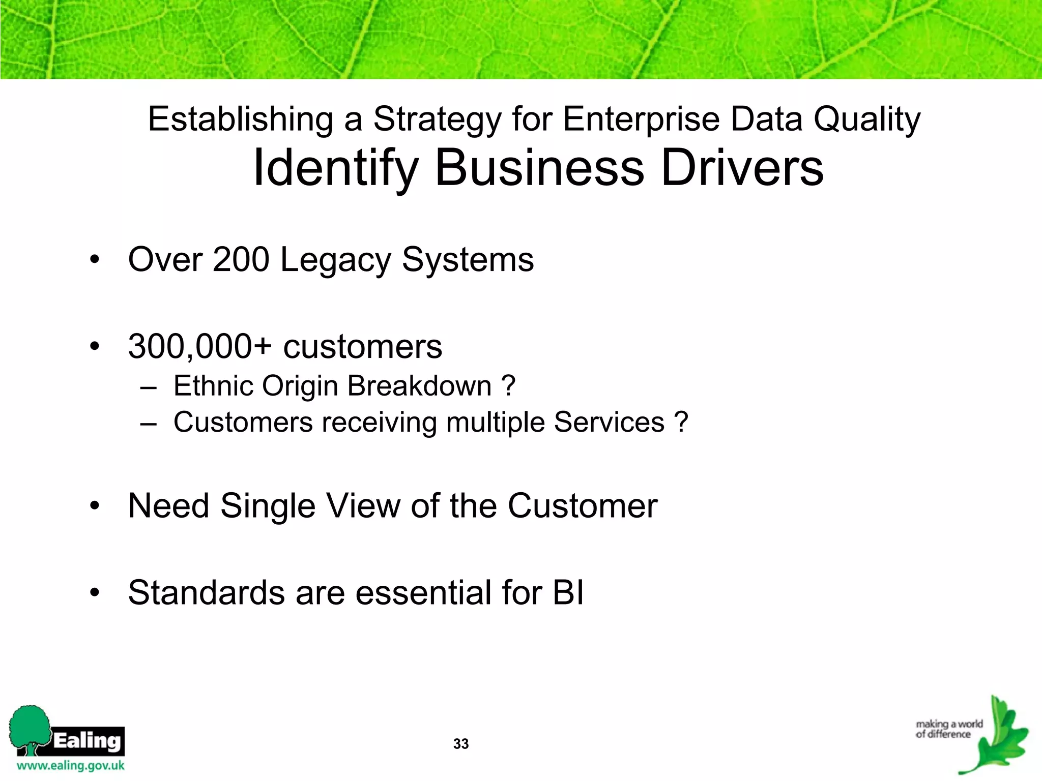 Establishing a Strategy for Enterprise Data Quality   Identify Business Drivers Over 200 Legacy Systems 300,000+ customers  Ethnic Origin Breakdown ? Customers receiving multiple Services ? Need Single View of the Customer Standards are essential for BI 