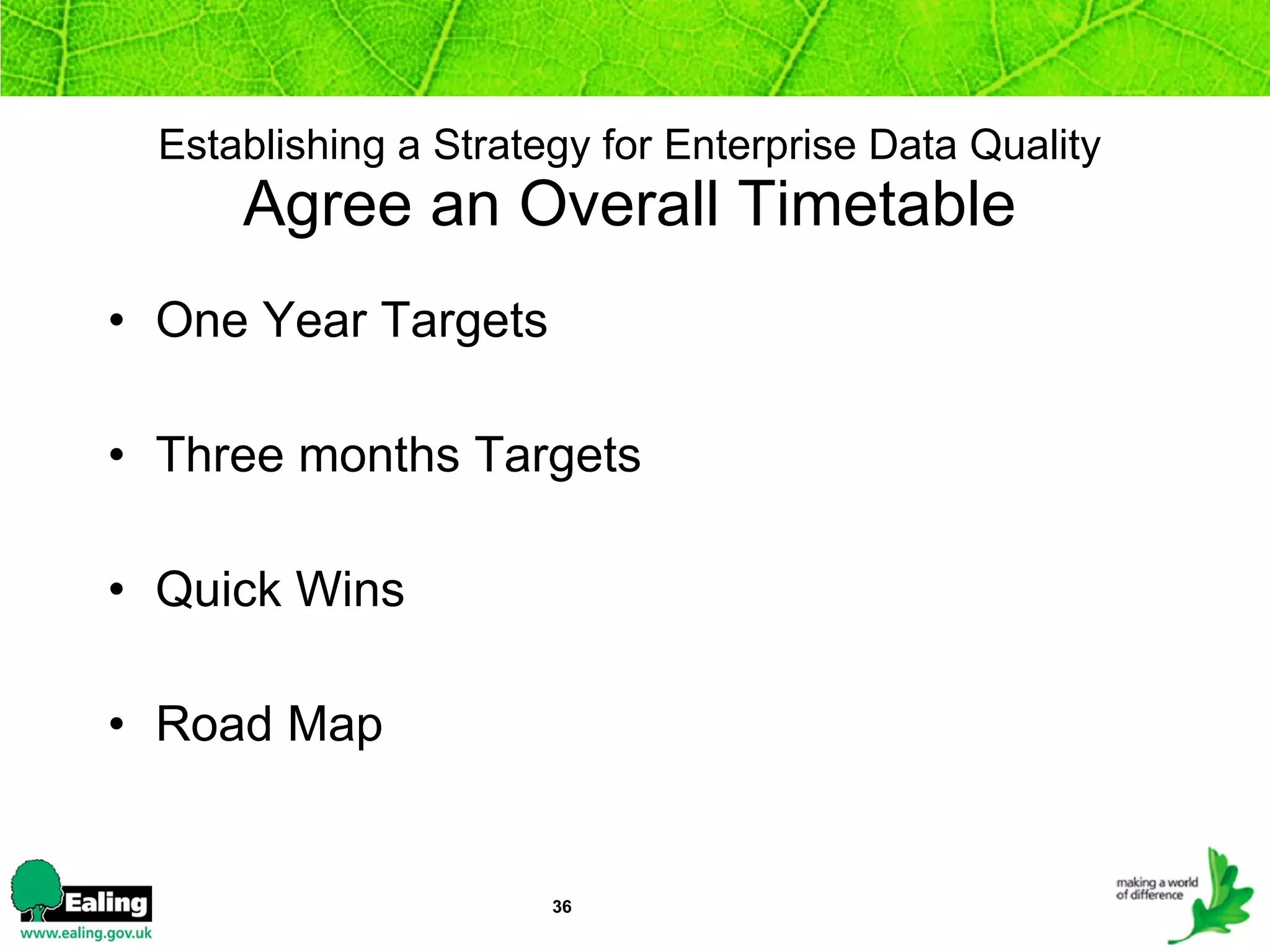 Establishing a Strategy for Enterprise Data Quality   Agree an Overall Timetable   One Year Targets Three months Targets Quick Wins Road Map 
