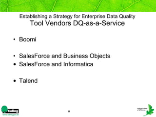 Establishing a Strategy for Enterprise Data Quality Tool Vendors DQ-as-a-Service Boomi SalesForce and Business Objects SalesForce and Informatica Talend 