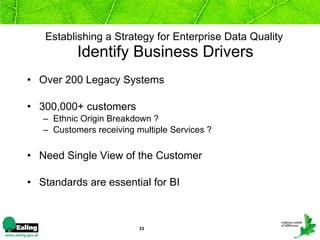Establishing a Strategy for Enterprise Data Quality   Identify Business Drivers Over 200 Legacy Systems 300,000+ customers  Ethnic Origin Breakdown ? Customers receiving multiple Services ? Need Single View of the Customer Standards are essential for BI 