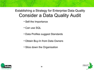 Establishing a Strategy for Enterprise Data Quality  Consider a Data Quality Audit  Sell the Importance Can use SQL  Data Profiles suggest Standards Obtain Buy-In from Data Owners Slice down the Organisation 