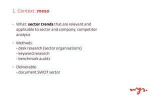 1. Context: meso
‣

What: sector trends that are relevant and
applicable to sector and company; competitor
analysis

‣

Methods:
- desk research (sector organisations)
- keyword research
- benchmark audits

‣

Deliverable:
- document SWOT sector

 