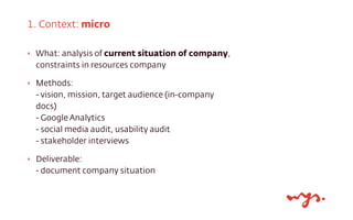 1. Context: micro
‣

What: analysis of current situation of company,
constraints in resources company

‣

Methods:
- vision, mission, target audience (in-company
docs)
- Google Analytics
- social media audit, usability audit
- stakeholder interviews

‣

Deliverable:
- document company situation

 