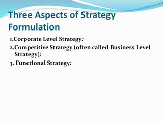 Three Aspects of Strategy
Formulation
1.Corporate Level Strategy:
2.Competitive Strategy (often called Business Level
Strategy):
3. Functional Strategy:
 