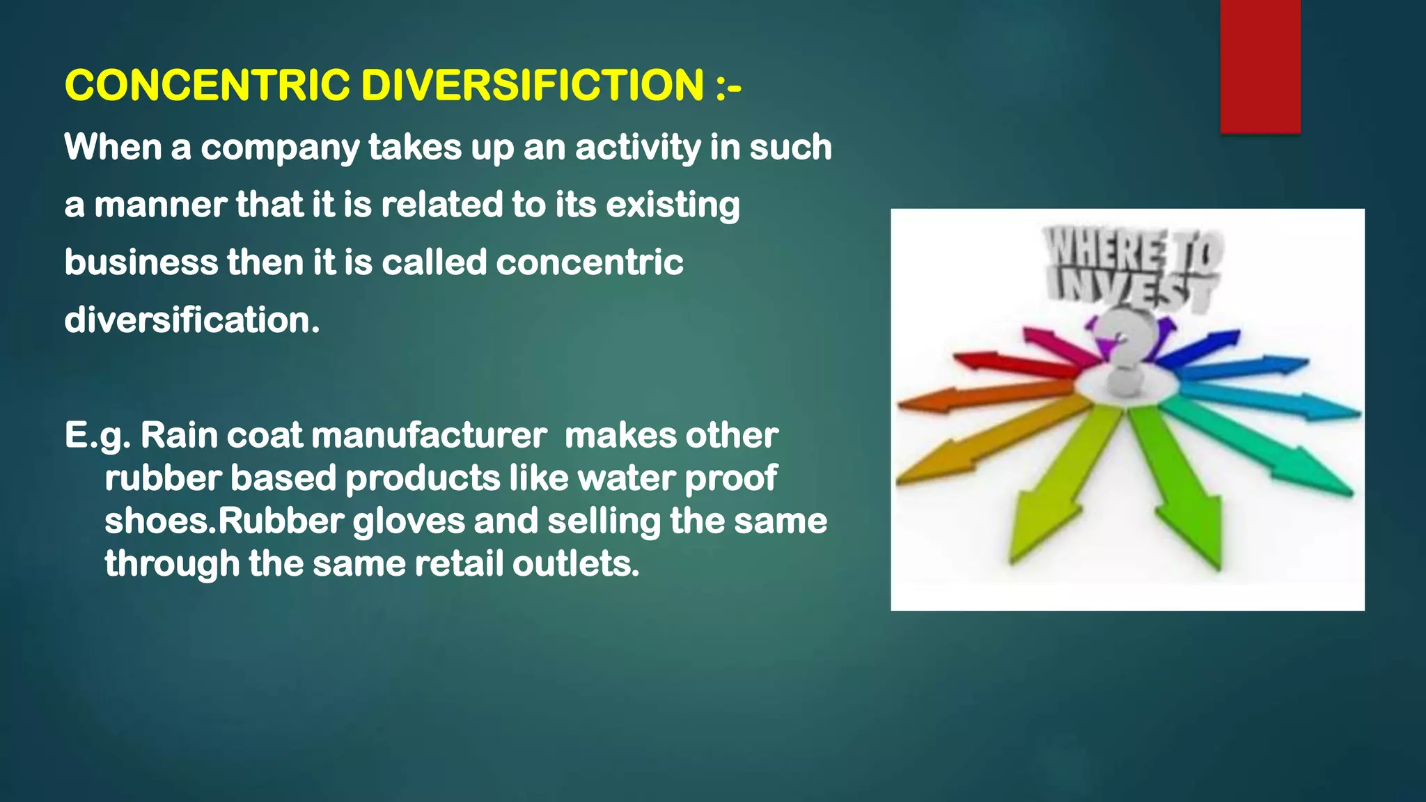 CONCENTRIC DIVERSIFICTION :-
When a company takes up an activity in such
a manner that it is related to its existing
business then it is called concentric
diversification.
E.g. Rain coat manufacturer makes other
rubber based products like water proof
shoes.Rubber gloves and selling the same
through the same retail outlets.
 