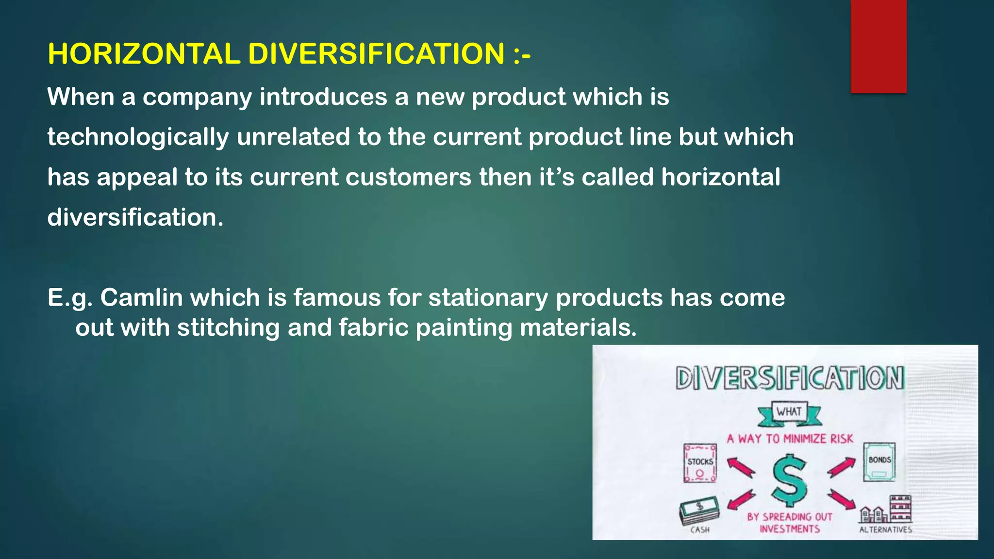 HORIZONTAL DIVERSIFICATION :-
When a company introduces a new product which is
technologically unrelated to the current product line but which
has appeal to its current customers then it’s called horizontal
diversification.
E.g. Camlin which is famous for stationary products has come
out with stitching and fabric painting materials.
 